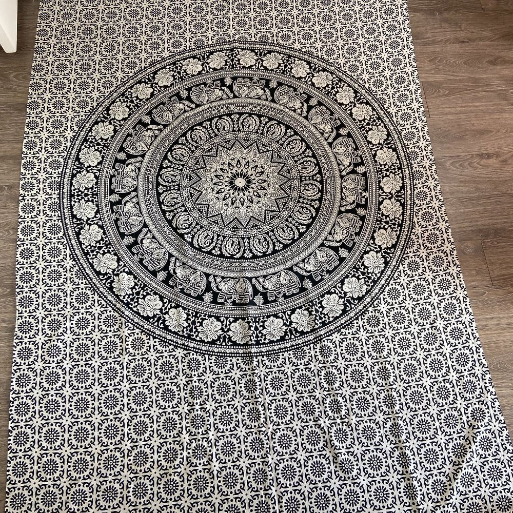 Mandala Tapestry Wall Hanging Bohemian White Black Elephants